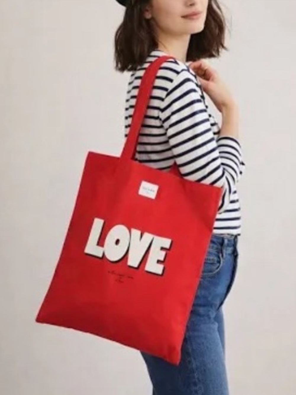 Sézane LOVE Paris Red Cotton Canvas Tote Bag 15x15 Reusable Shopping Book Bag